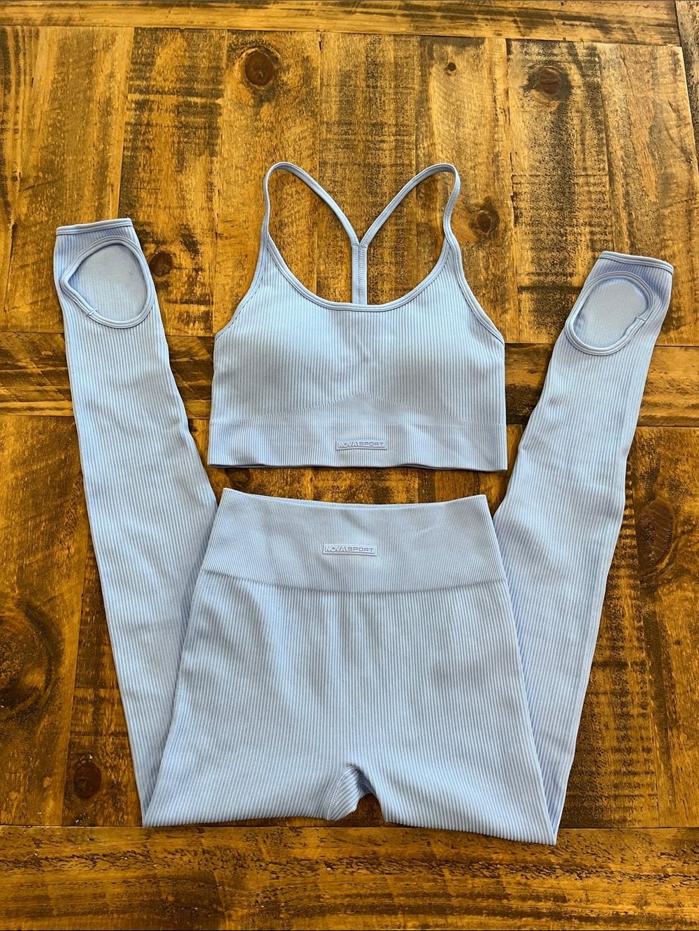 Seamless Light Blue Ribbed Stirrup Leggings & Sports Bra Set